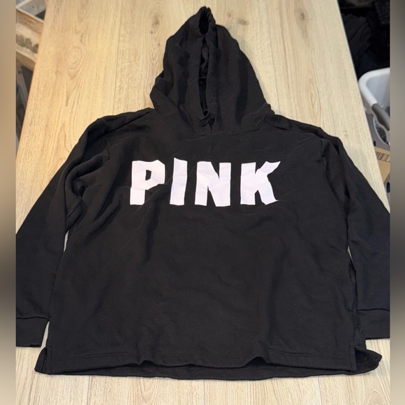 PINK Victoria's Secret Black Hoodie with White Logo hooded sweater sweatshirt - Picture 1 of 2